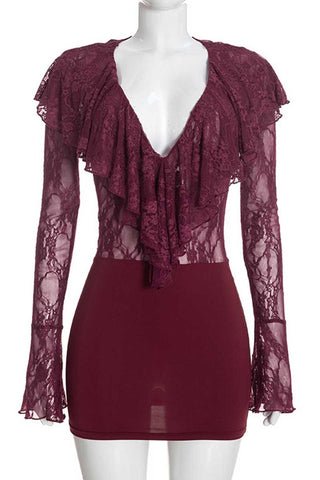 Sheer Lace Ruffle V-Neck Mini Dress