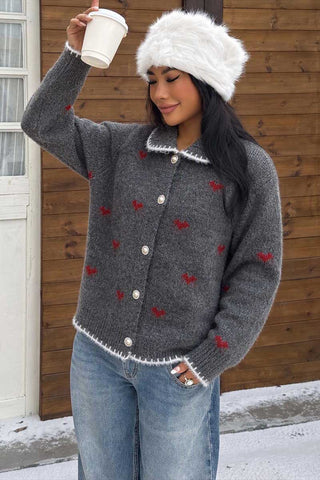 Heart Pattern Button-Front Knit Cardigan