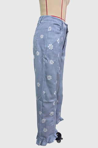 Daisy Print Ruffle Hem Wide Leg Pants