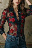 Sheer Floral Lace Trim Button-Front Blouse
