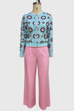 Sun Print Knit Cardigan and Wide-Leg Pants Set