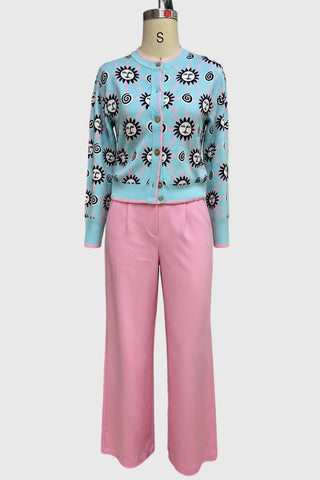 Sun Print Knit Cardigan and Wide-Leg Pants Set