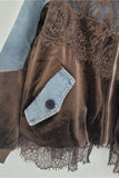 Lace Panel Velvet Zip-Up Denim Jacket