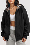 Leopard Detail Zip Front Hoodie