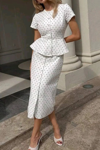 Polka Dot Peplum Button-Front Skirt Set