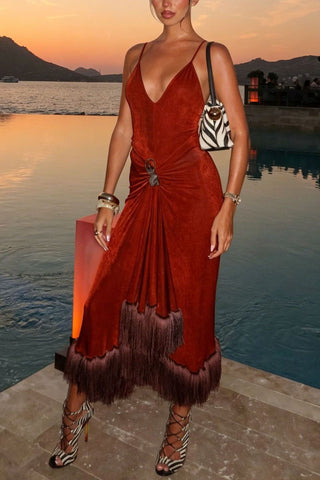 Ruched Fringe Midi Dress