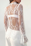 Sheer Floral Lace Mock Neck Bell Sleeve Blouse
