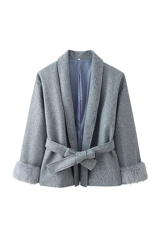 Faux Fur Cuff Wrap Belted Coat