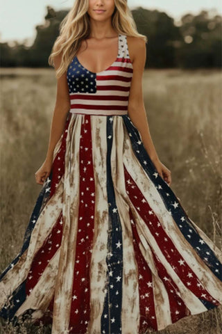 Striped V-Neck Sleeveless Dress with Star Pocket