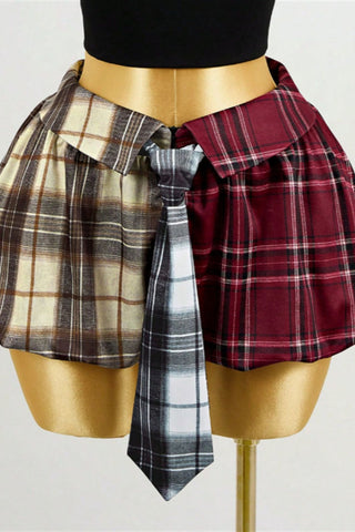 Plaid Patchwork Tie-Front Mini Skirt