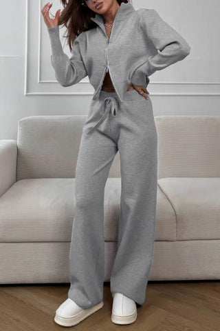 Zip-Front Mock Neck Knit Pants Set