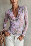 Sheer Floral Ruched Cowl Neck Top
