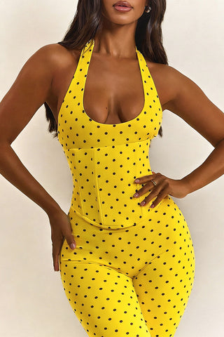Polka Dot Halter Lace-Up Back Jumpsuit