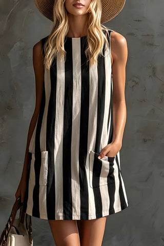 Pocketed Sleeveless Striped Mini Dress