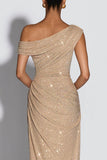 Sequin One-Shoulder Ruched Maxi Dress