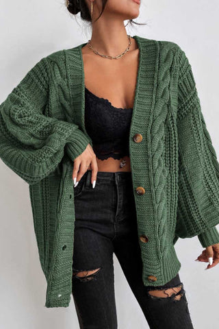 Cable Knit Button-Front Balloon Sleeve Cardigan