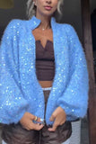 Sequin Zip-Up Fuzzy Knit Cardigan