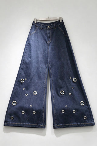 Metal Eyelet Wide-Leg Baggy Jeans