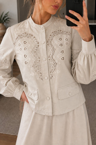 Embroidered Lace Mock Neck Puff Sleeve Jacket