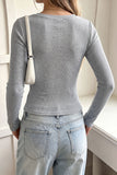 Ribbed Lace Trim Button-Front Long Sleeve Top
