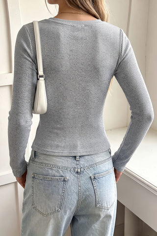 Ribbed Lace Trim Button-Front Long Sleeve Top