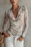 Sheer Floral Ruched Cowl Neck Top