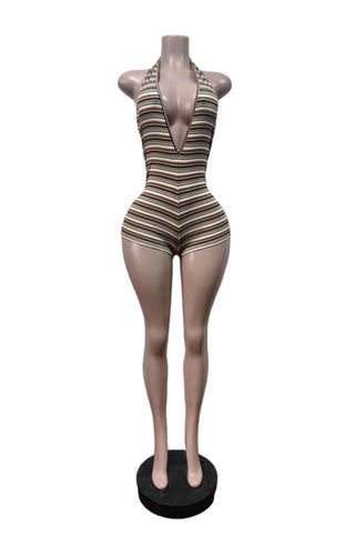 Striped Halter Deep V-Neck Romper