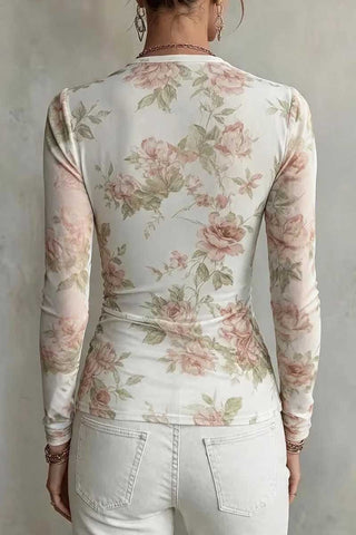 Sheer Floral Ruched Cowl Neck Top