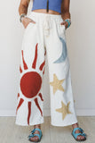 Applique Wide-Leg Drawstring Casual Pants