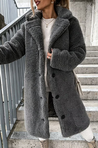 Faux Fur Collar Button-Front Long Coat
