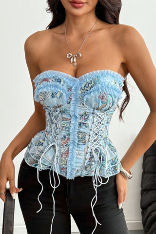 Ruffle Trim Paisley Lace-Up Corset Top