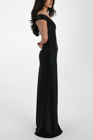 Ruched Off-Shoulder Satin Maxi Evening Dress