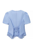 Round Neck Puff Sleeve Lace Trim Drawstring Blouse