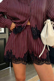 Strip Button-Front Lace Trim Short Set