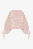 Bow Detail V-Neck Puff Sleeve Cardigan