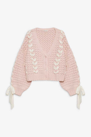 Bow Detail V-Neck Puff Sleeve Cardigan