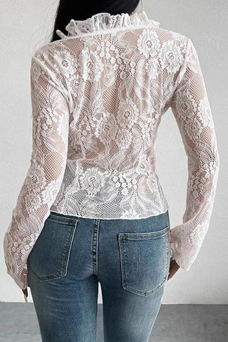 Sheer Floral Lace Ruffle V-Neck Blouse