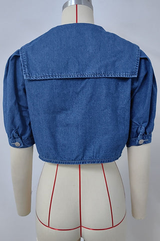 Puff Sleeve Collared Crop Denim Jacket