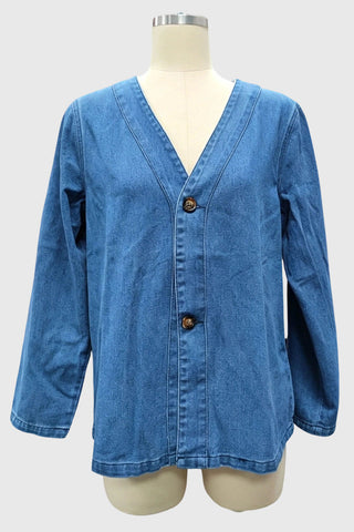 Button-Front V-Neck Denim Jacket