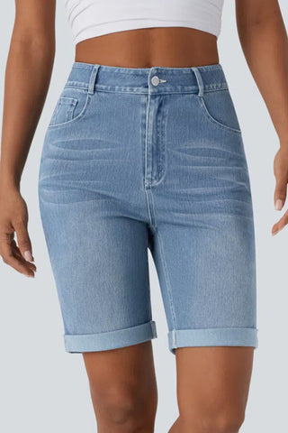 High-Waist Denim Bermuda Shorts