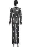 Sheer Polka Dot Bell Sleeve Maxi Dress