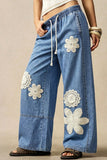 Floral Crochet Applique Drawstring Baggy Jeans
