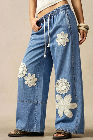 Floral Crochet Applique Drawstring Baggy Jeans