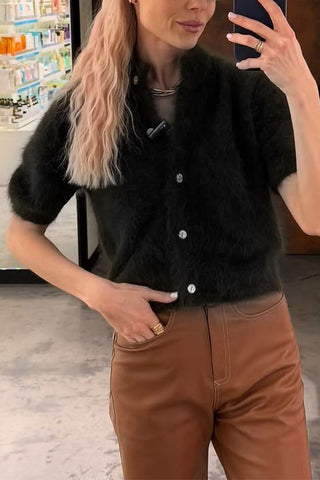 Mock Neck Short Sleeve Button Front Cardigan