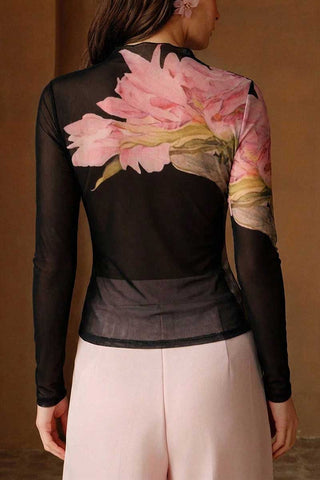 Floral Sheer Mesh Mock Neck Top