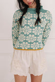 Floral Knit Crew Neck Crop Sweater