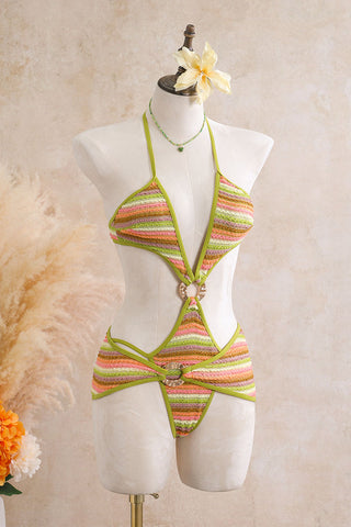 Striped Ring Cutout Halter Swimsuit
