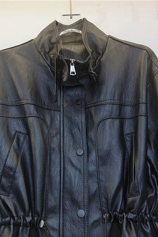 Drawstring Waist Faux Leather Jacket