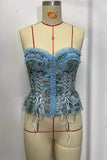 Ruffle Trim Paisley Lace-Up Corset Top