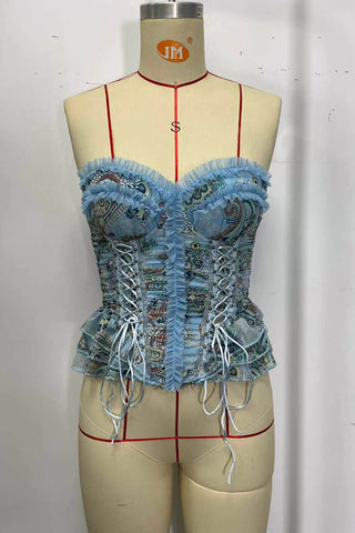 Ruffle Trim Paisley Lace-Up Corset Top